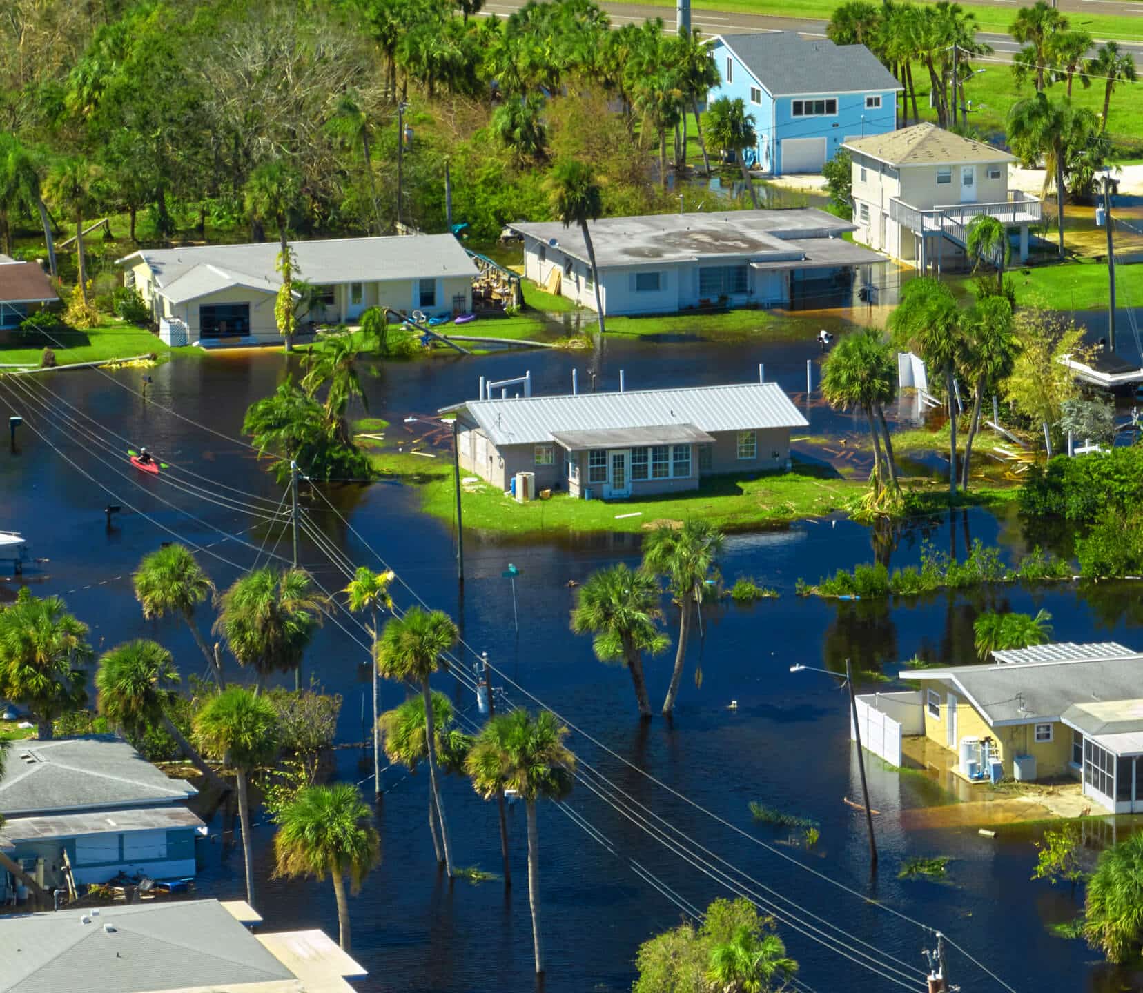 Flooded houses in a residential neighborhood