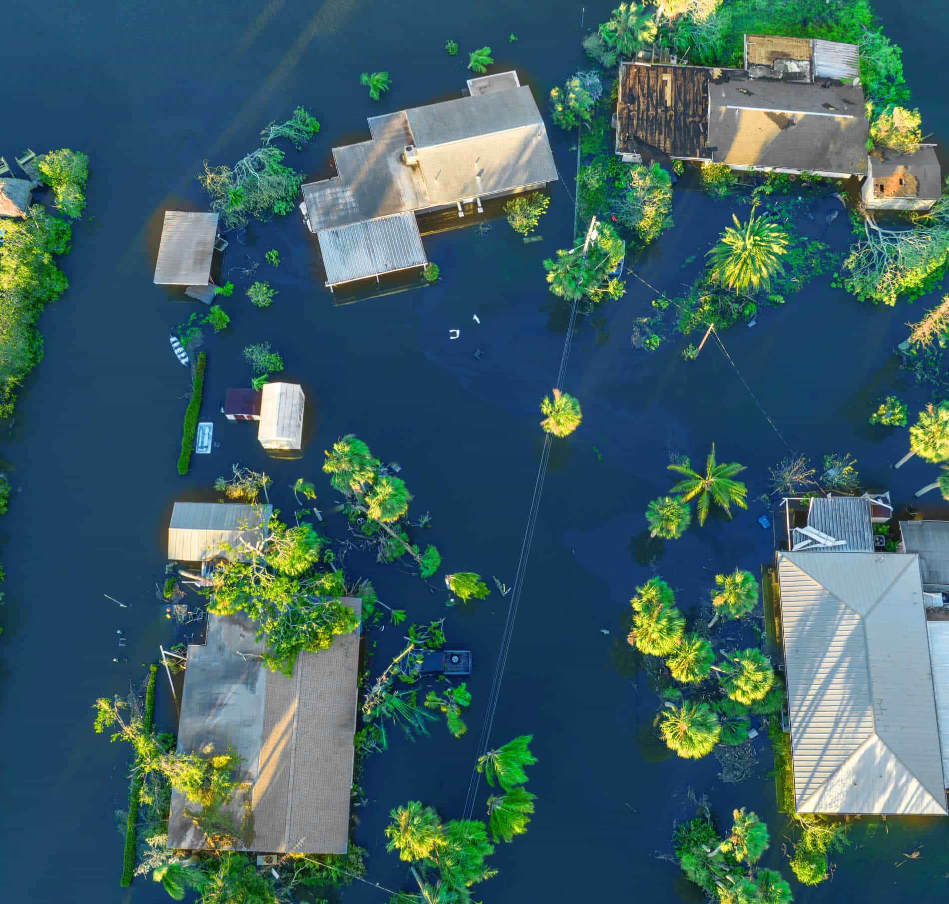 Flooded houses surrounded by water in a submerged neighborhood