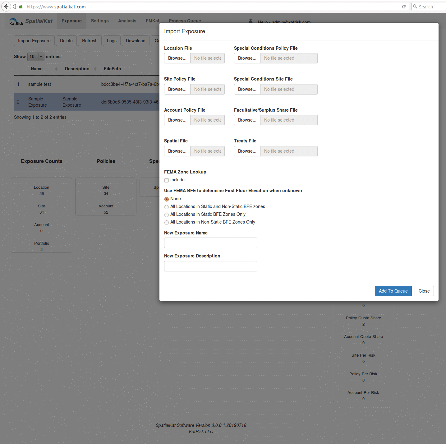 Dashboard screen displaying account settings